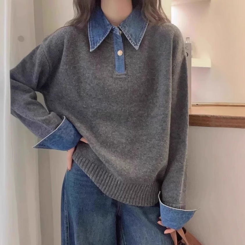 Damen-Strickpullover mit Polo-Kragen und Jeans-Ärmeln