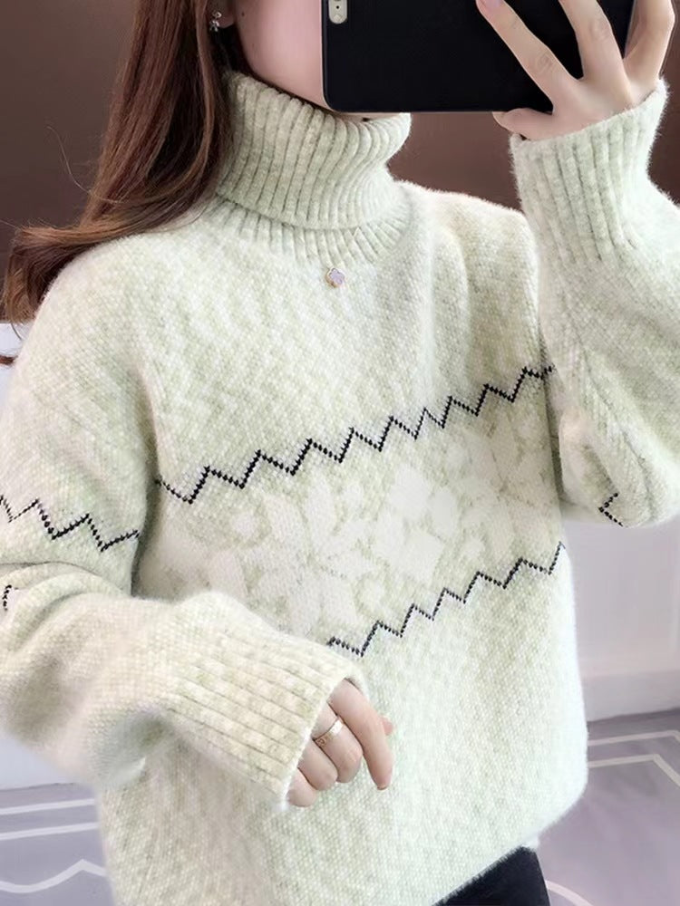 Damen-Strickpullover mit Schneeflockenmuster und Stehkragen
