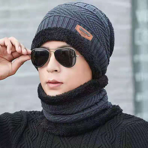 Herren Strickmütze und Schal Set, gefüttert, warm