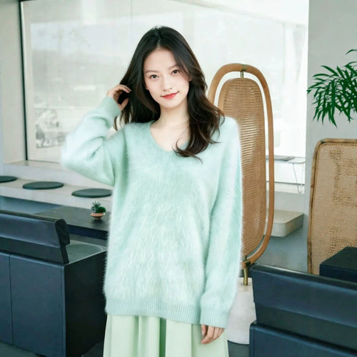 Damen-Strickpullover aus Wollmischung mit V-Ausschnitt