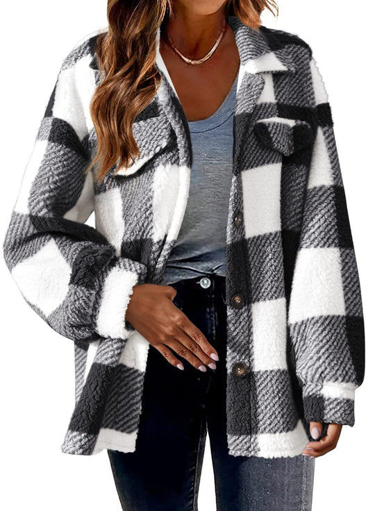 Karo-Jacke aus Lammfleece-Imitat mit Taschen