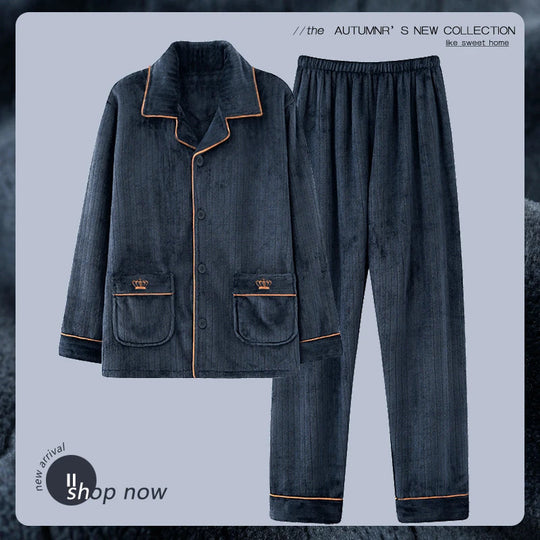 Herren-Pyjama-Set aus Flanell, bestickt, schlicht