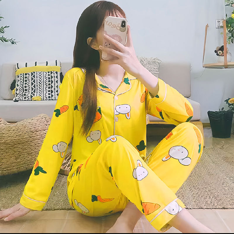 Damen-Pyjama-Set, langärmelig, geknöpft, verspieltes Design