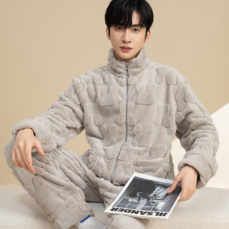 Herren-Pyjama-Set aus Korallenfleece, warm und mit Reißverschluss
