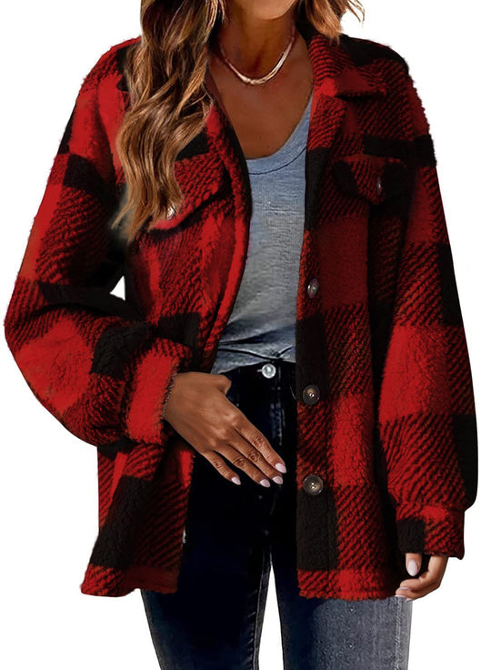 Karo-Jacke aus Lammfleece-Imitat mit Taschen