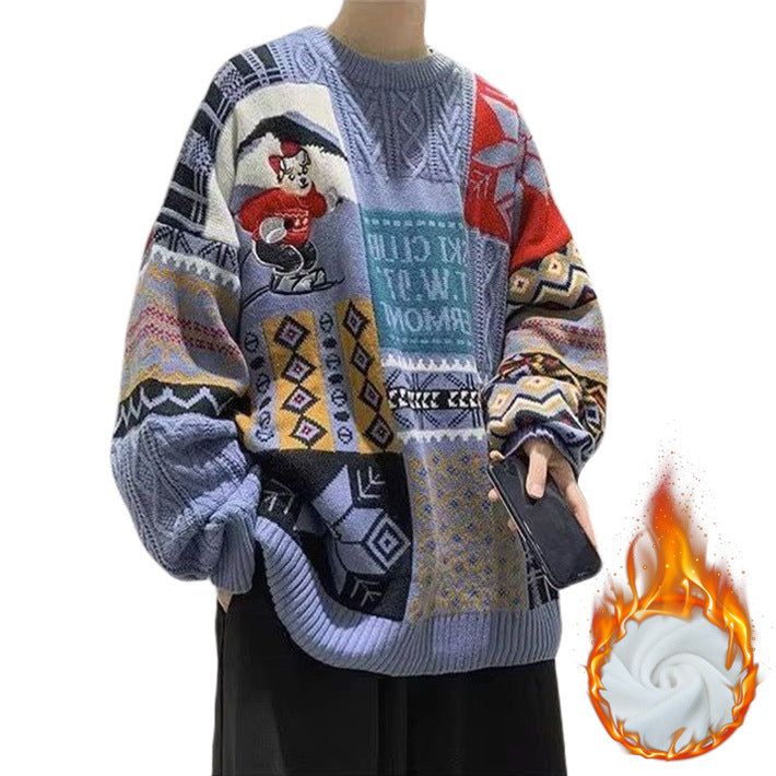 Herren-Strickpullover mit Bären-Stickerei und Stehkragen