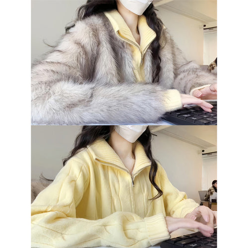 Damen-Strickjacke mit Reißverschluss und Zopfmuster