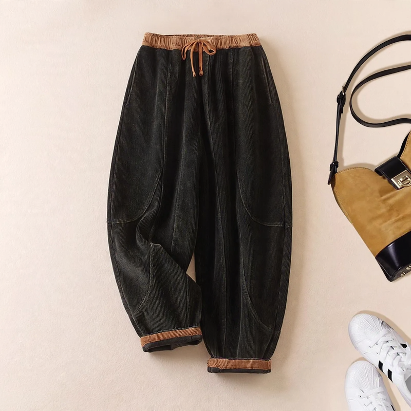 Damen-Cordhose, gefüttert, mit Bindegürtel, schmal zulaufend