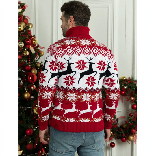 Unisex Weihnachtspullover mit Rentier-Jacquard und Rollkragen