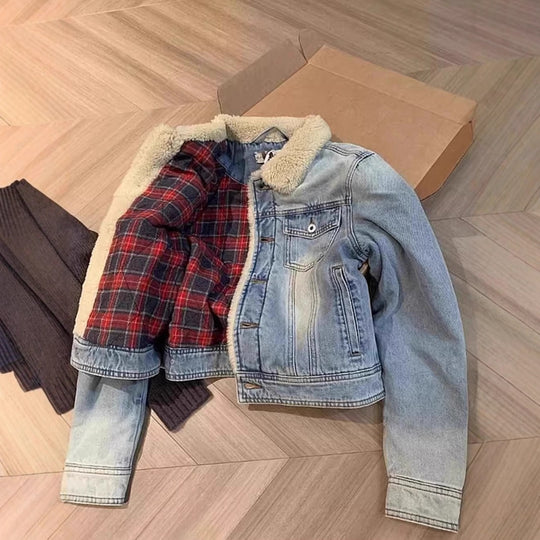 Vintage Jeansjacke mit Lammfleece-Futter