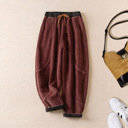 Damen-Cordhose, gefüttert, mit Bindegürtel, schmal zulaufend