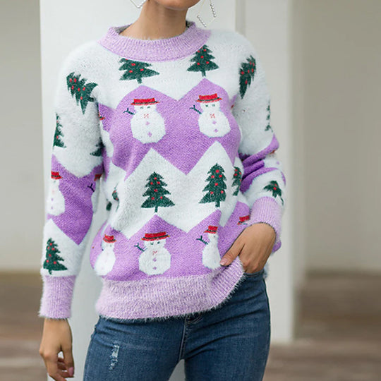 Damen-Strickpullover mit Rundhalsausschnitt und Schneemann-Motiv