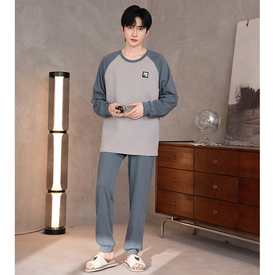 Herren-Pyjama-Set, Rundhalsausschnitt, Langarm, leicht