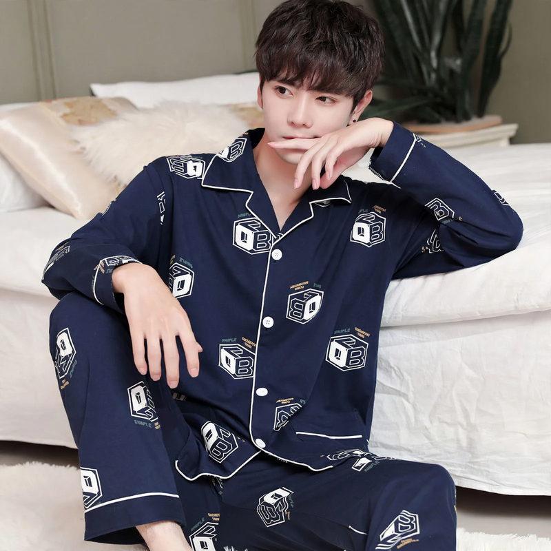Herren-Pyjama-Set, 100% Baumwolle, Langarm