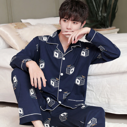 Herren-Pyjama-Set, 100% Baumwolle, Langarm