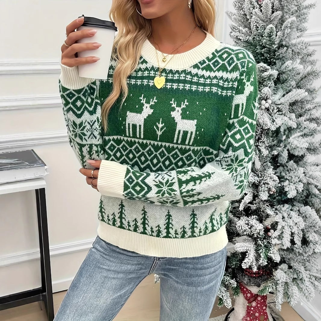 Retro-Weihnachtspullover für Damen mit Rentier-Jacquard