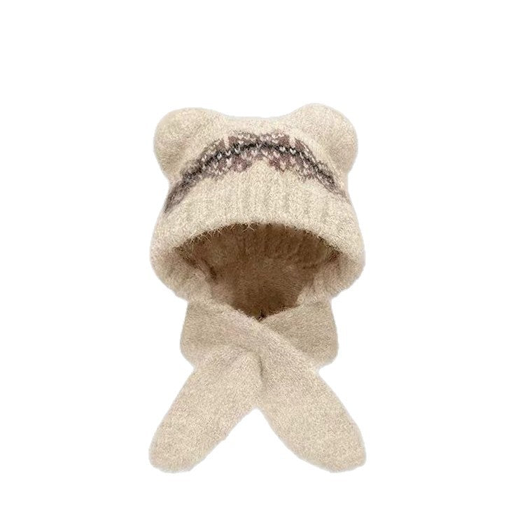 Strickmütze mit Schal, Bären-Design, Damen, Winter