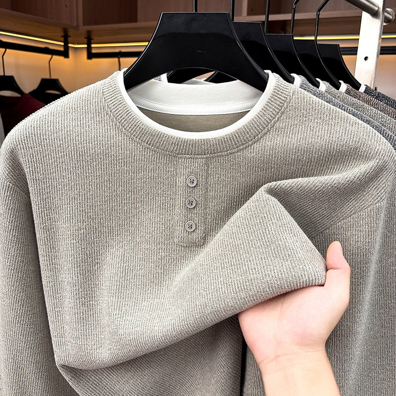 Herren-Strickpullover, Rundhalsausschnitt, Langarm, Fake-Layer-Optik