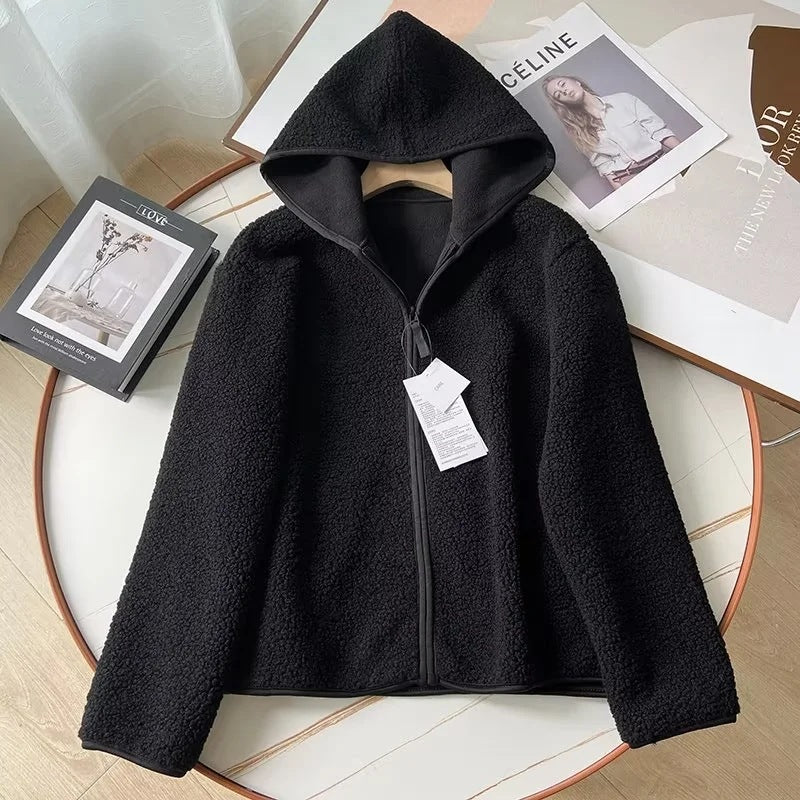 Kapuzenjacke aus Lammfleece-Imitat mit Reißverschluss