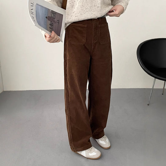 Kord-Weithose für Damen mit Taschen, hoch tailliert