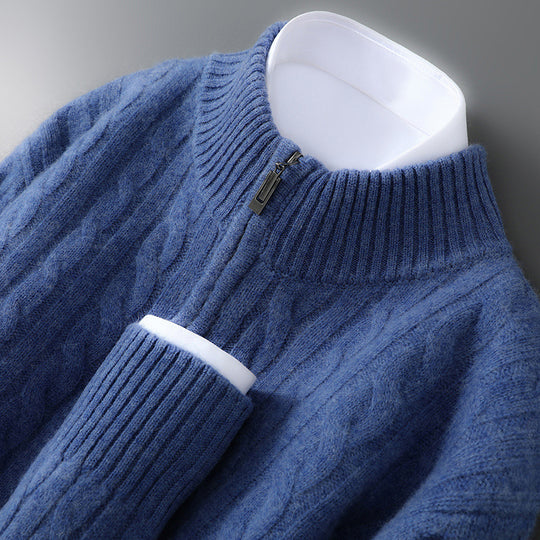 Herren-Wollpullover, 100% Wolle, Reißverschluss, Zopfmuster