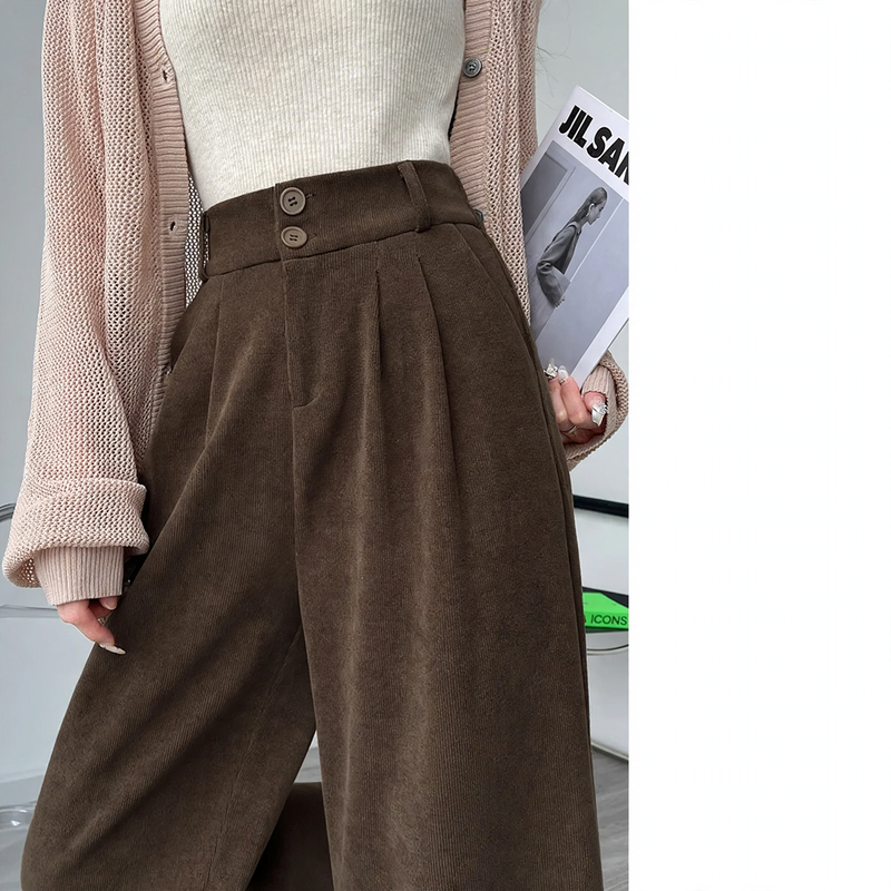 Chenille-Stoffhose mit hohem Bund, gerade geschnitten