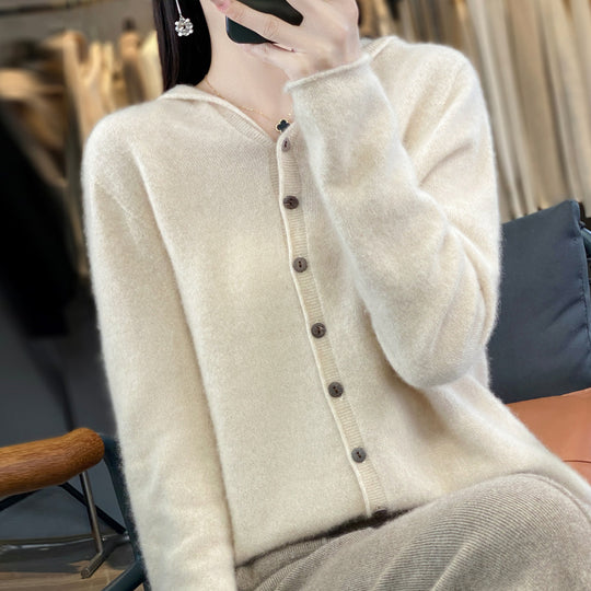Damen-Strickjacke aus Merinowolle mit Kapuze
