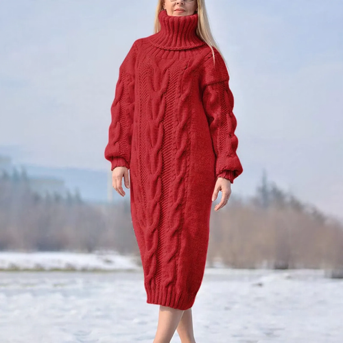 Langer Damen-Rollkragenpullover mit Zopfmuster