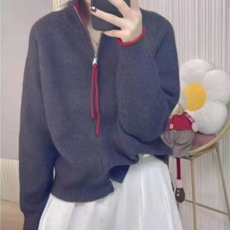 Damen-Strickjacke mit Reißverschluss und Farbblock-Design