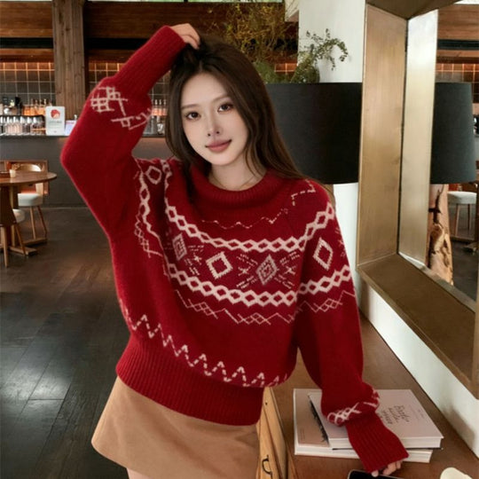 Roter Fair-Isle-Strickpullover mit Rollkragen