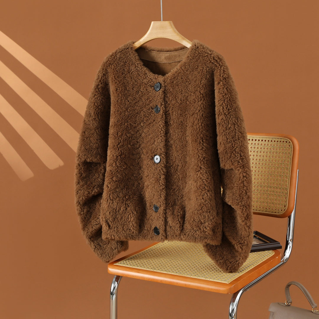 Damen-Lammfelljacke, 100% Schafwolle, lockerer Schnitt