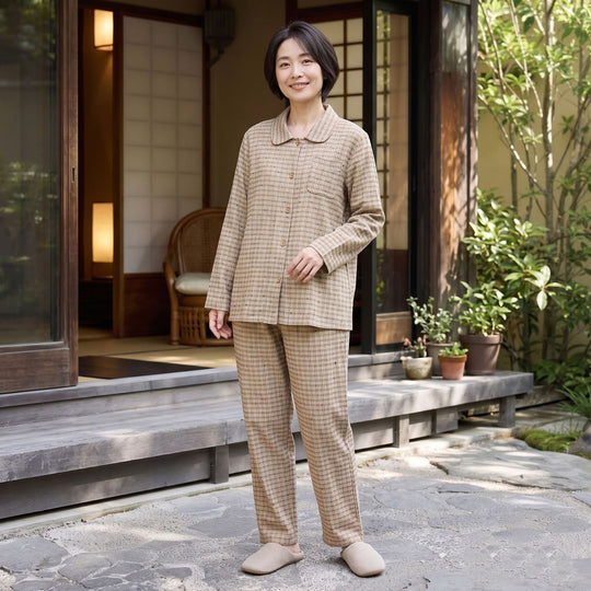 Damen-Pyjama-Set aus Baumwoll-Doppelgaze mit Revers
