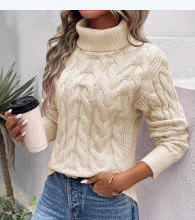 Strickpullover mit Zopfmuster und hohem Kragen