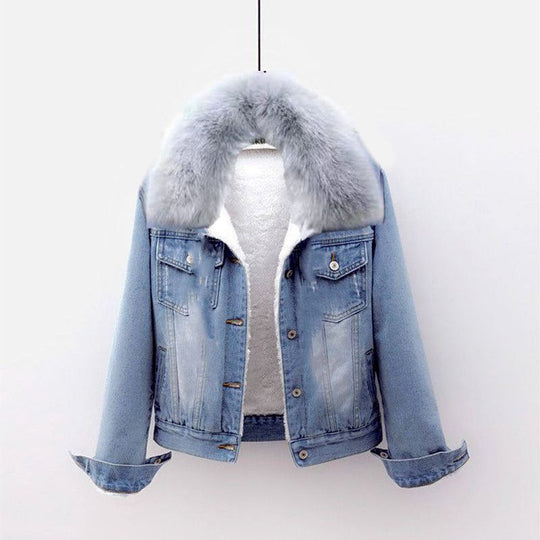 Gefütterte Jeansjacke mit großem Fellkragen