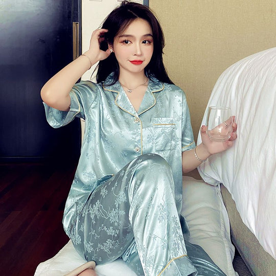 Damen-Pyjama-Set, Eisseide, Kurzarm, lange Hose