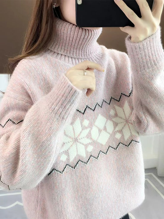 Damen-Strickpullover mit Schneeflockenmuster und Stehkragen