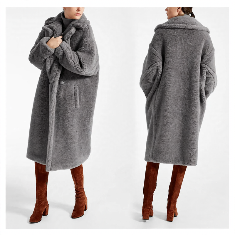 Damen-Lammfellimitat-Mantel, mittellang, gefüttert