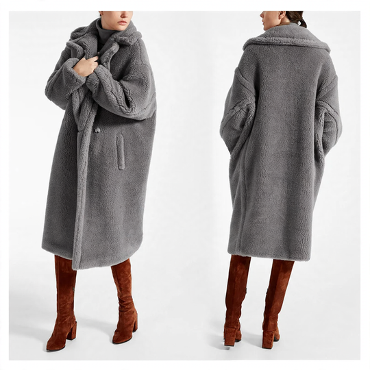 Damen-Lammfellimitat-Mantel, mittellang, gefüttert