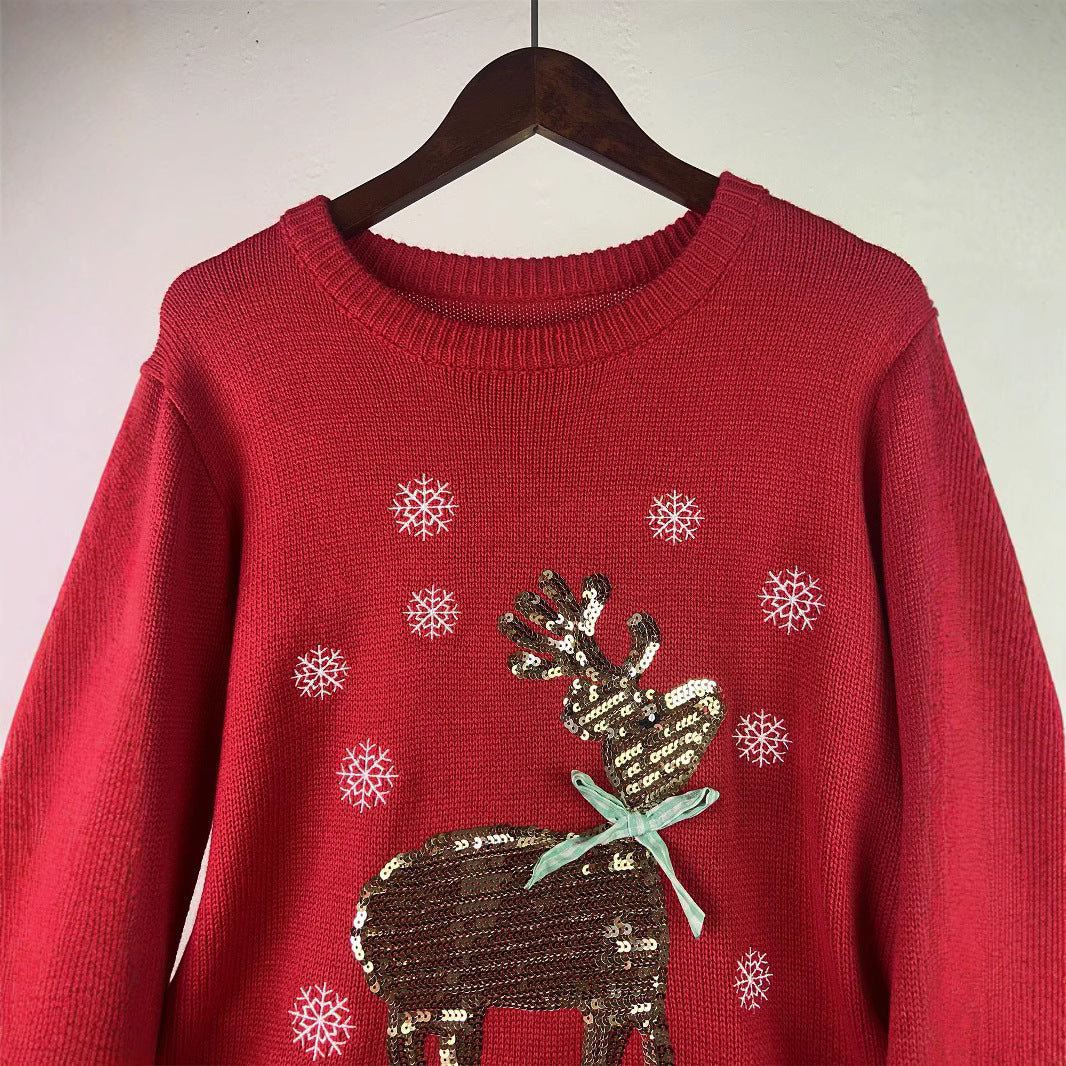 Damen-Weihnachtspullover mit Rentier-Stickerei und Pailletten
