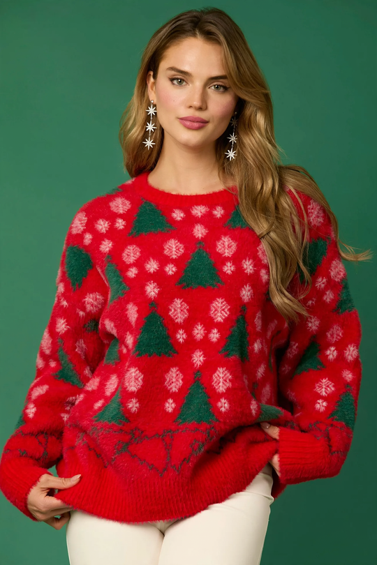 Damen-Weihnachtspullover mit Rentier- und Baum-Motiv