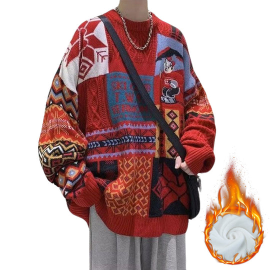 Herren-Strickpullover mit Bären-Stickerei und Stehkragen