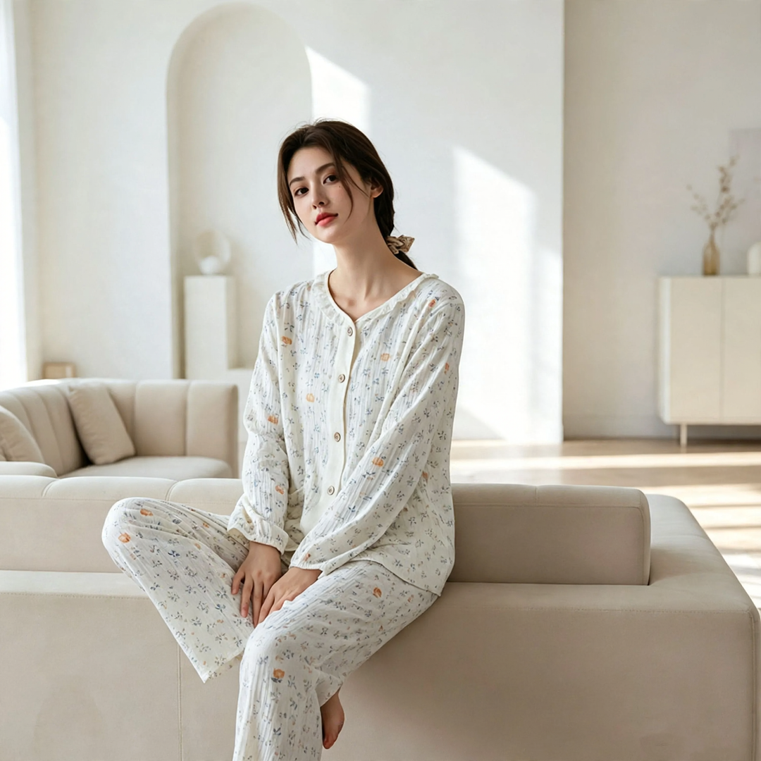 Damen-Pyjama-Set aus Baumwoll-Gaze, leicht, Landhausstil