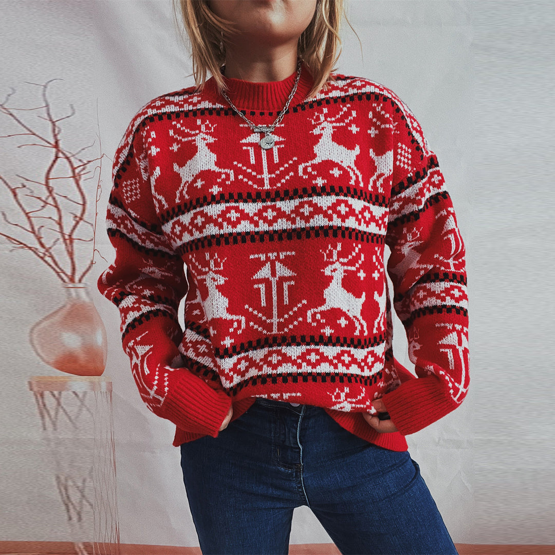 Damen-Weihnachtspullover mit Rentier-Motiv, Rundhalsausschnitt