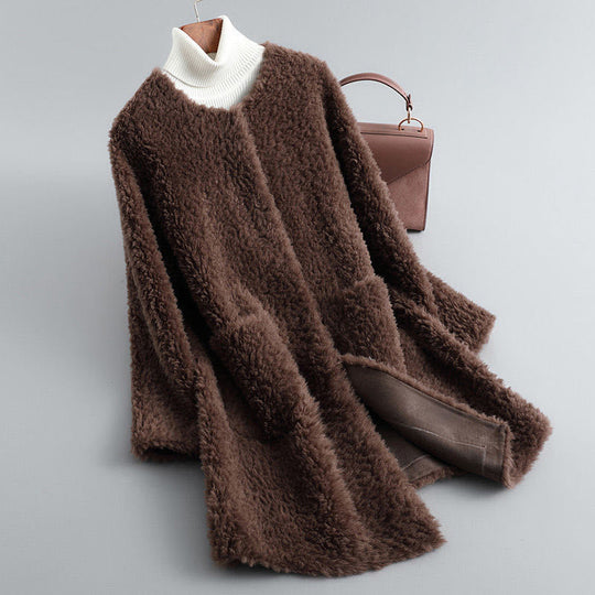 Damen-Lammfellmantel, mittellang, Granulat-Optik