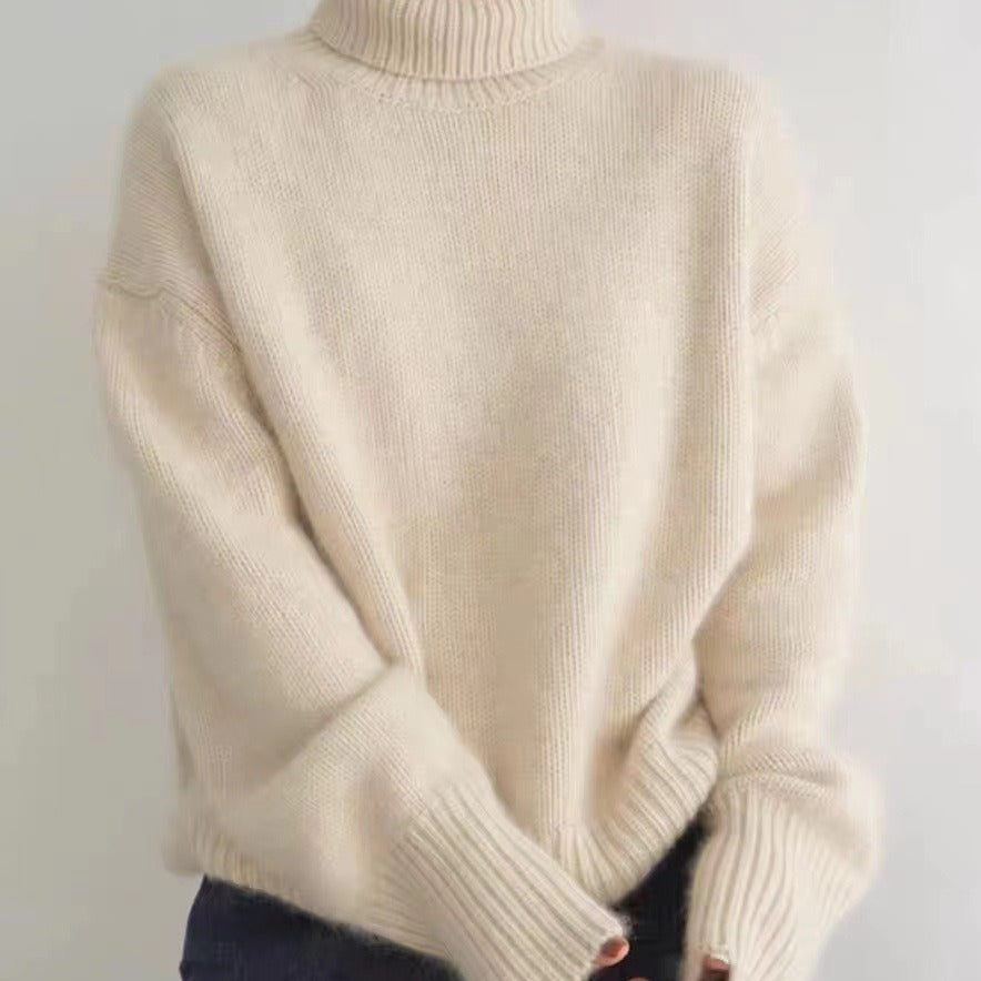 Damen-Wollpullover, hoher Kragen, lockere Passform