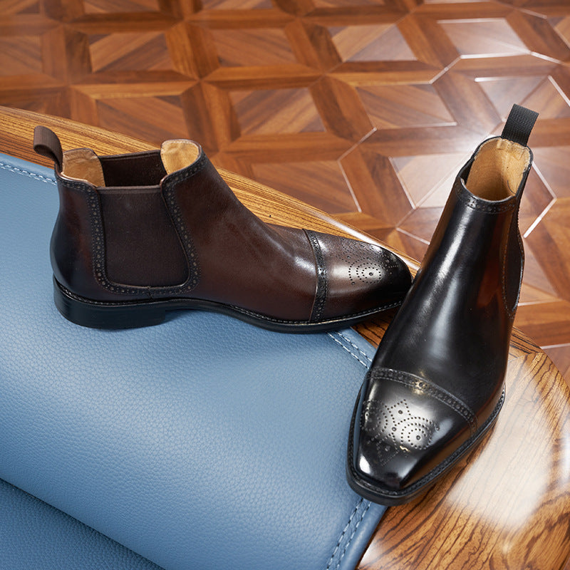 Herren-Chelsea-Stiefel aus Leder, Brogue-Design, rund
