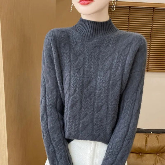 Damen Strickpullover, Stehkragen, Zopfmuster, 3D-Optik