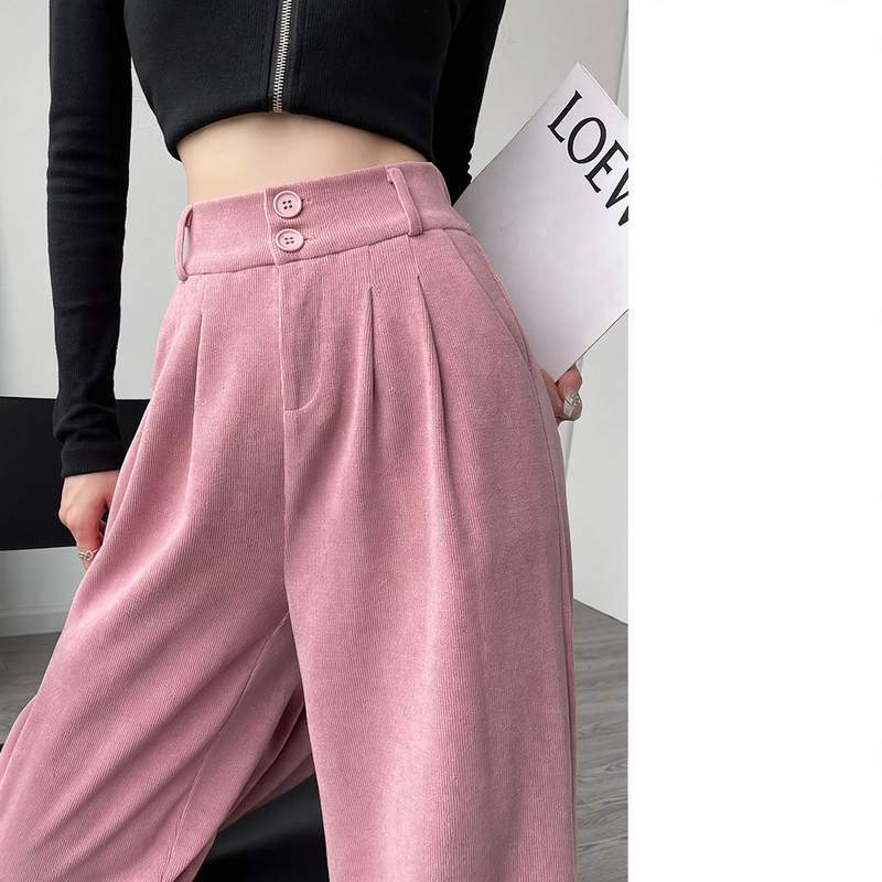 Chenille-Stoffhose mit hohem Bund, gerade geschnitten