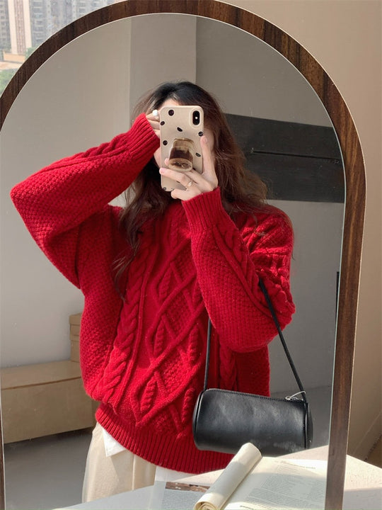Damen-Strickpullover mit Zopfmuster, grob gestrickt