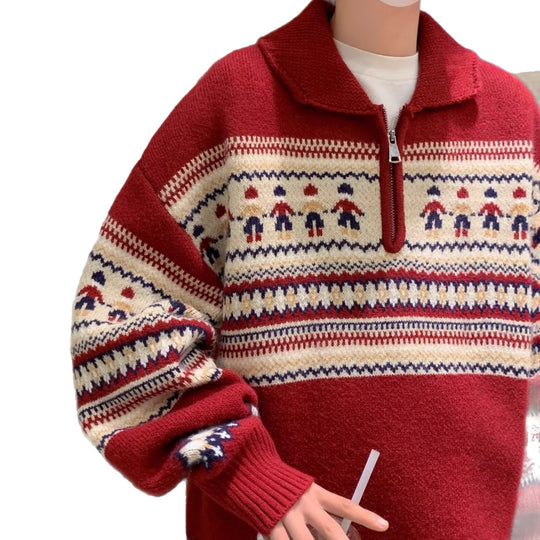 Weihnachts-Strickpullover, Polo-Kragen, Vintage-Stil